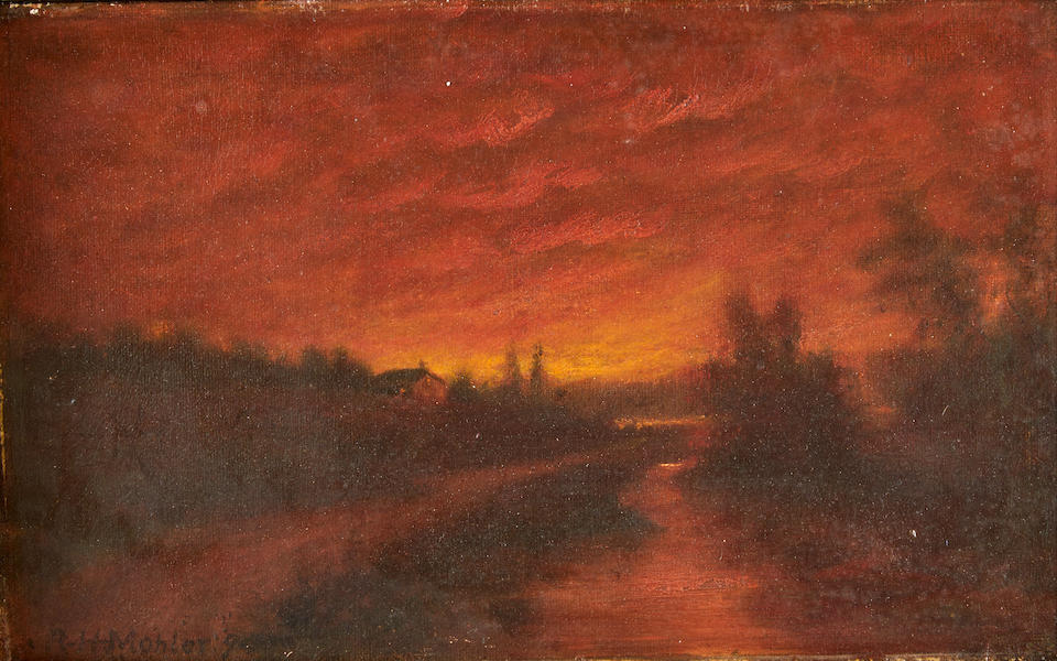 RUBY HAMILTON MOHLER (AMERICAN, BORN 1859) LAKE AT SUNSET - Image 4 of 4