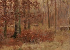 CHARLES ALBERT BURLINGAME (American, 0186-1930) The Woodlot (framed 17 1/2 x 13 1/2 x 1 in (44.5...