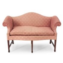 JEFFREY GREENE CHIPPENDALE-STYLE MAHOGANY AND UPHOLSTERED CAMELBACK SETTEE