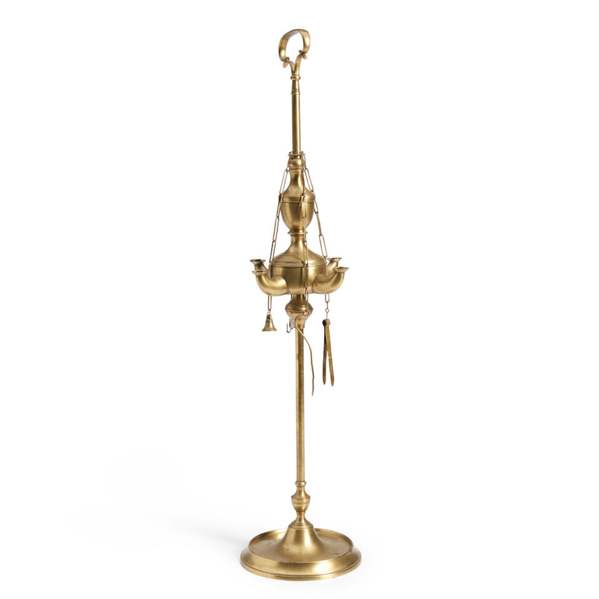 Four-spout Brass Oil Lamp on Rococo-style Standard, Europe, 19th century.