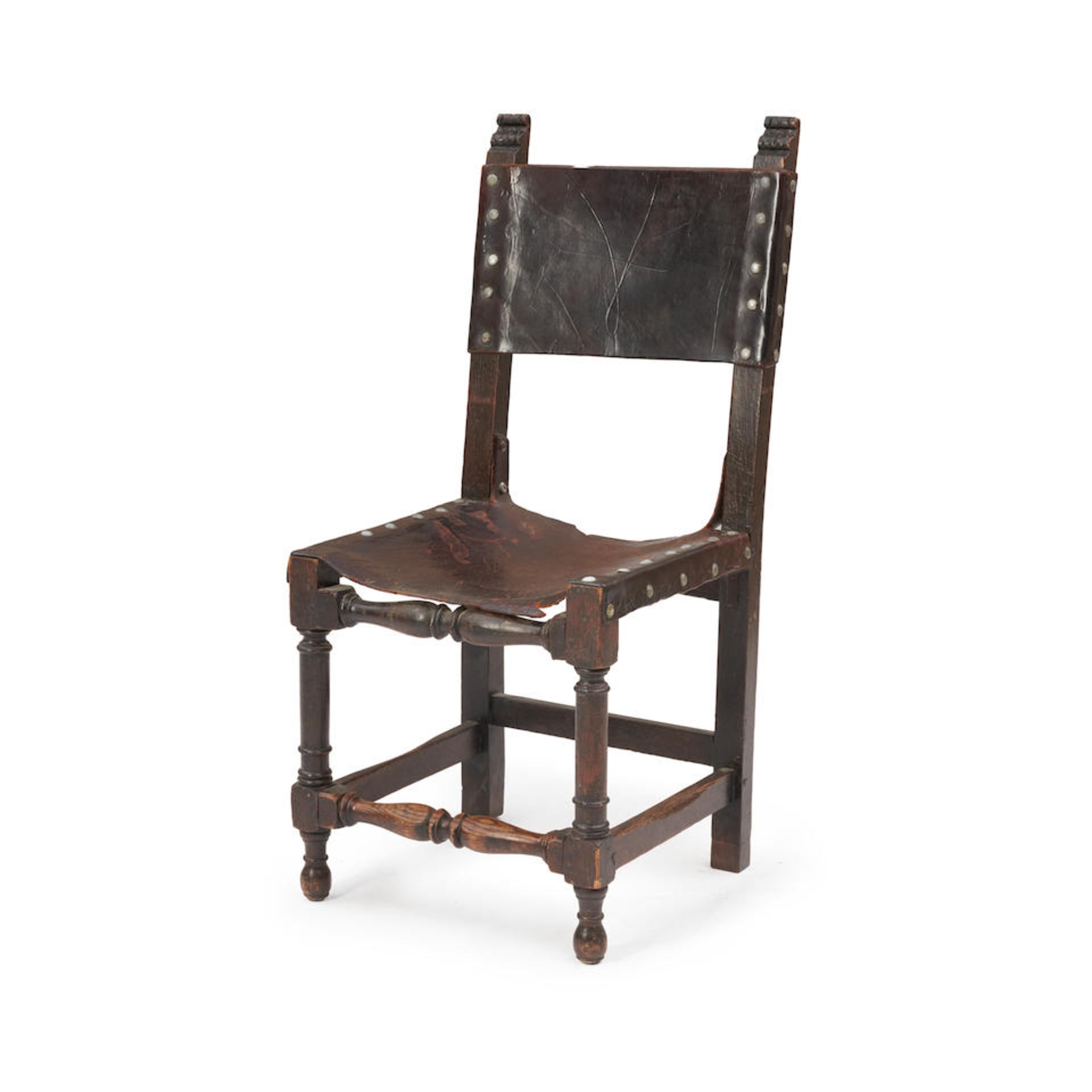 Oak Side Chair with Leather Back and Seat, Italy, 18th century,