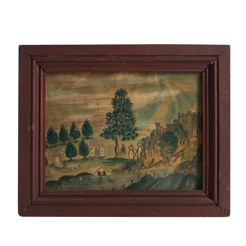 Anglo-American School, 19th century Castle Garden Landscape Framed, 9 x 7 1/4 in. Sheet, 7 1/2 x...