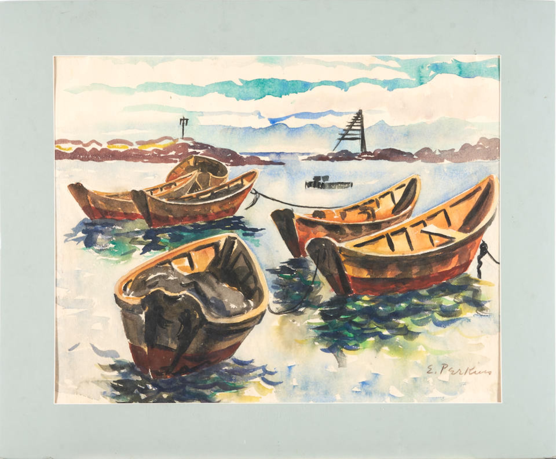 Edna L. Perkins (1907-1962) Two Watercolors Dory in Cove18 1/4 X 23 1/4 in.Two Dories17 3/4 x 22... - Image 5 of 8