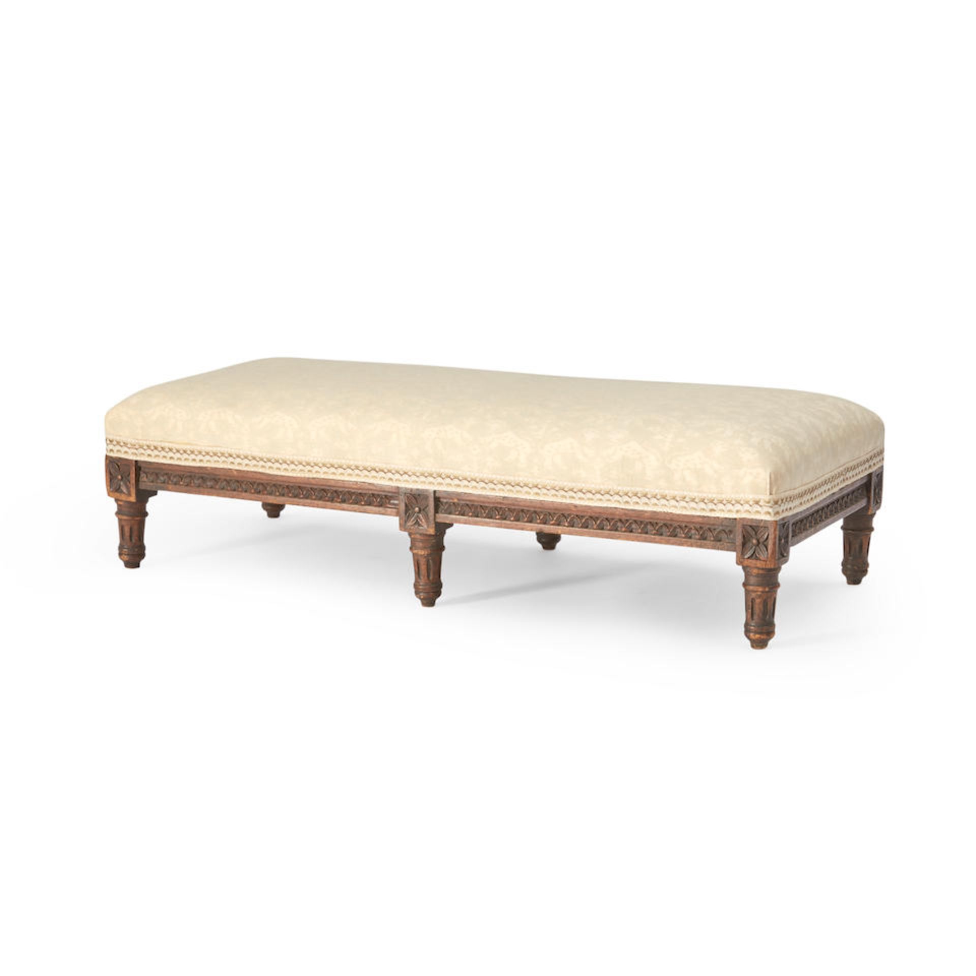 SMALL LOUIS XVI-STYLE BANQUETTE WITH FORTUNY UPHOLSTERY