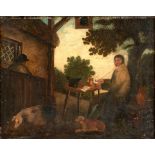After George Moreland Self portrait of the artist with his dog, seated at a table outside the Be...