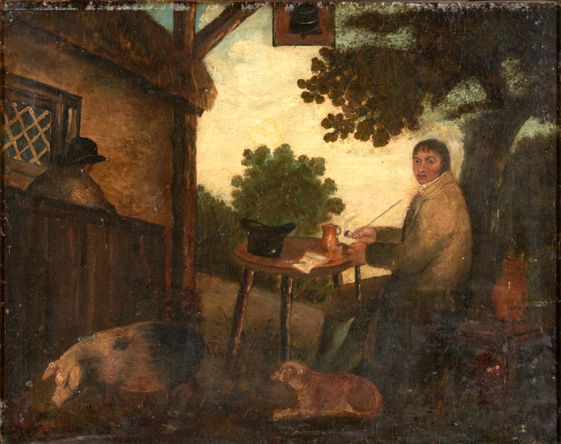 After George Moreland Self portrait of the artist with his dog, seated at a table outside the Be...