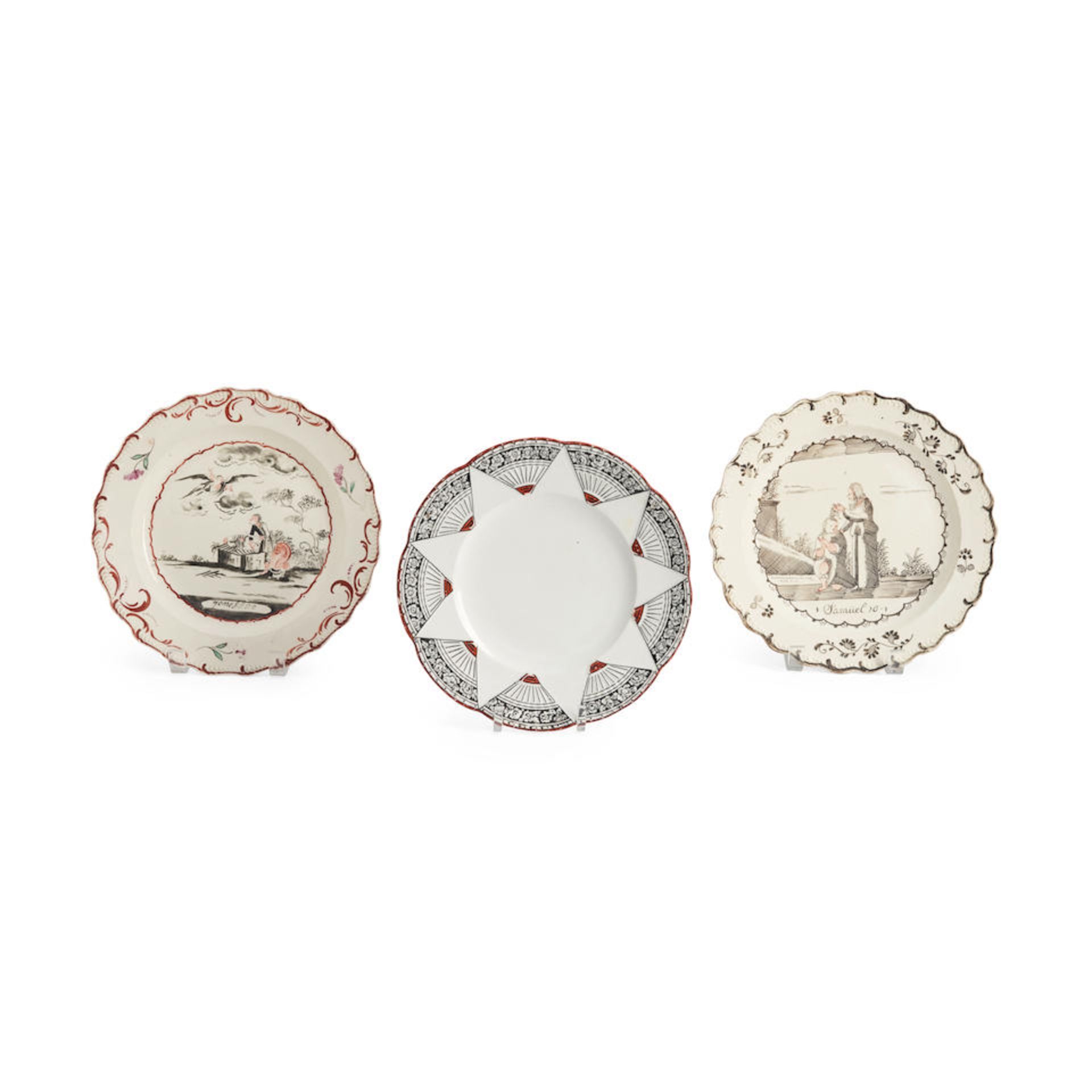 Three Enamel-painted Creamware Plates, Staffordshire, England, c. 1780 and 1880.