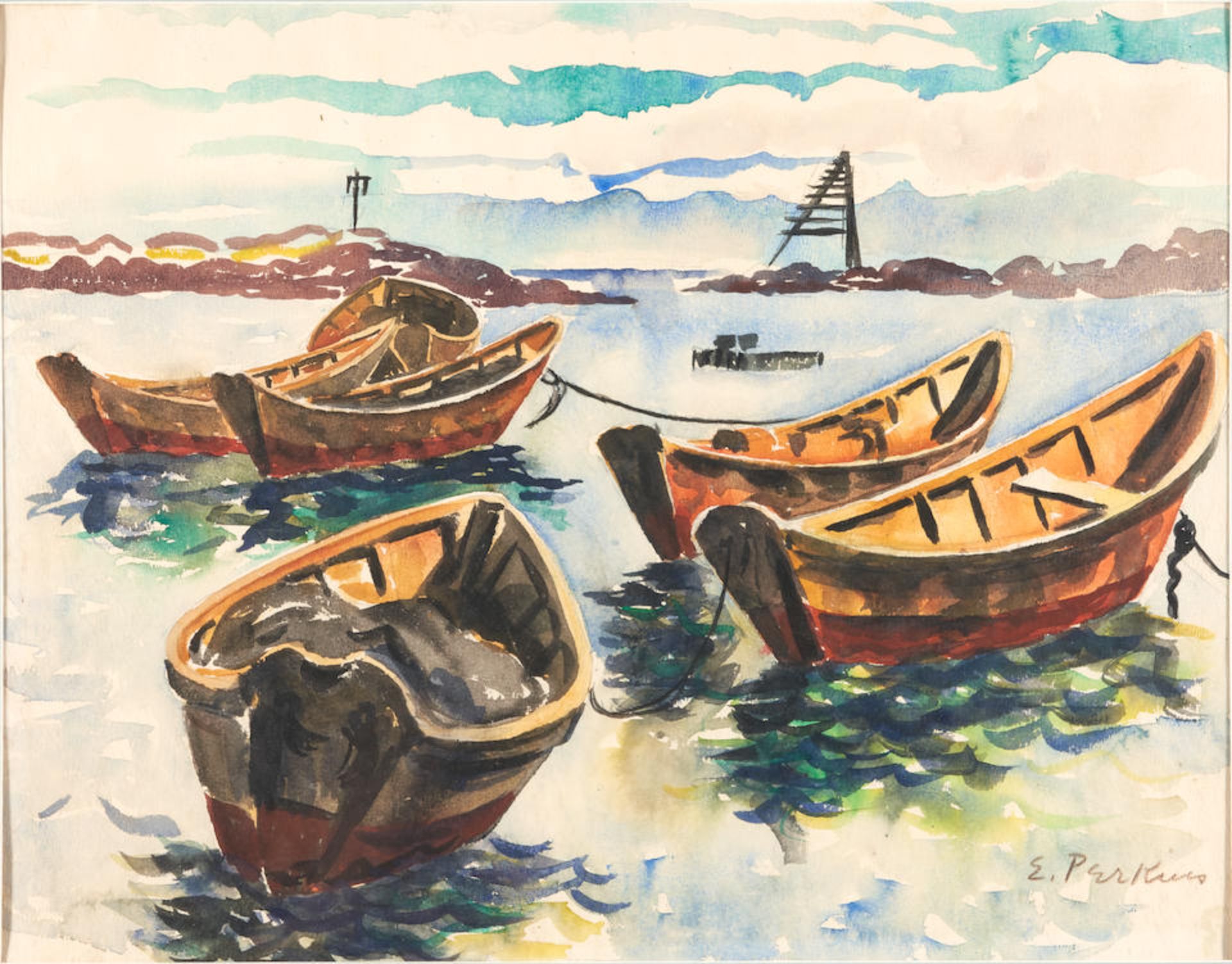 Edna L. Perkins (1907-1962) Two Watercolors Dory in Cove18 1/4 X 23 1/4 in.Two Dories17 3/4 x 22... - Image 4 of 8