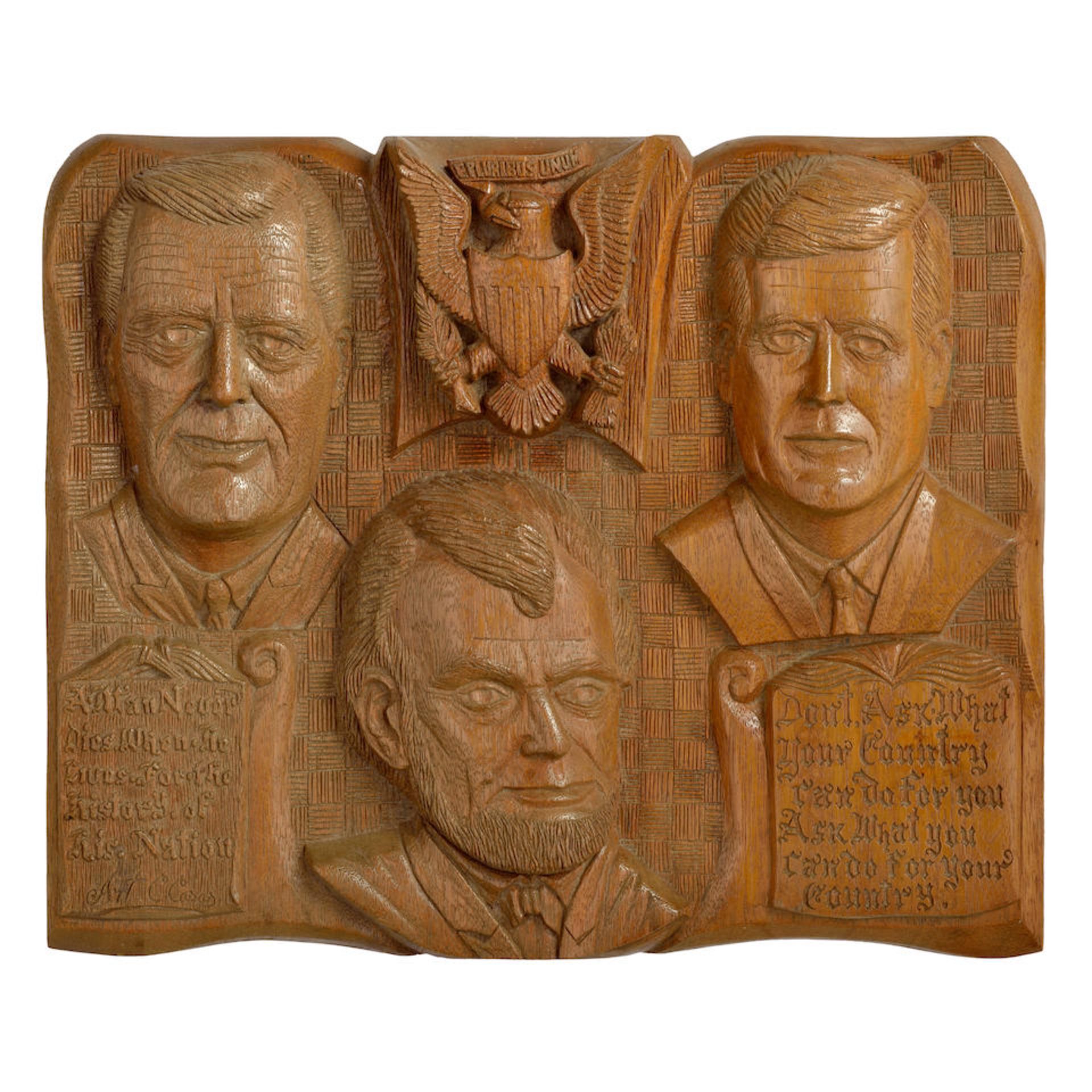 Relief Carving of Roosevelt, Lincoln, and Kennedy, Art C. Casas, United States, c. 1970.