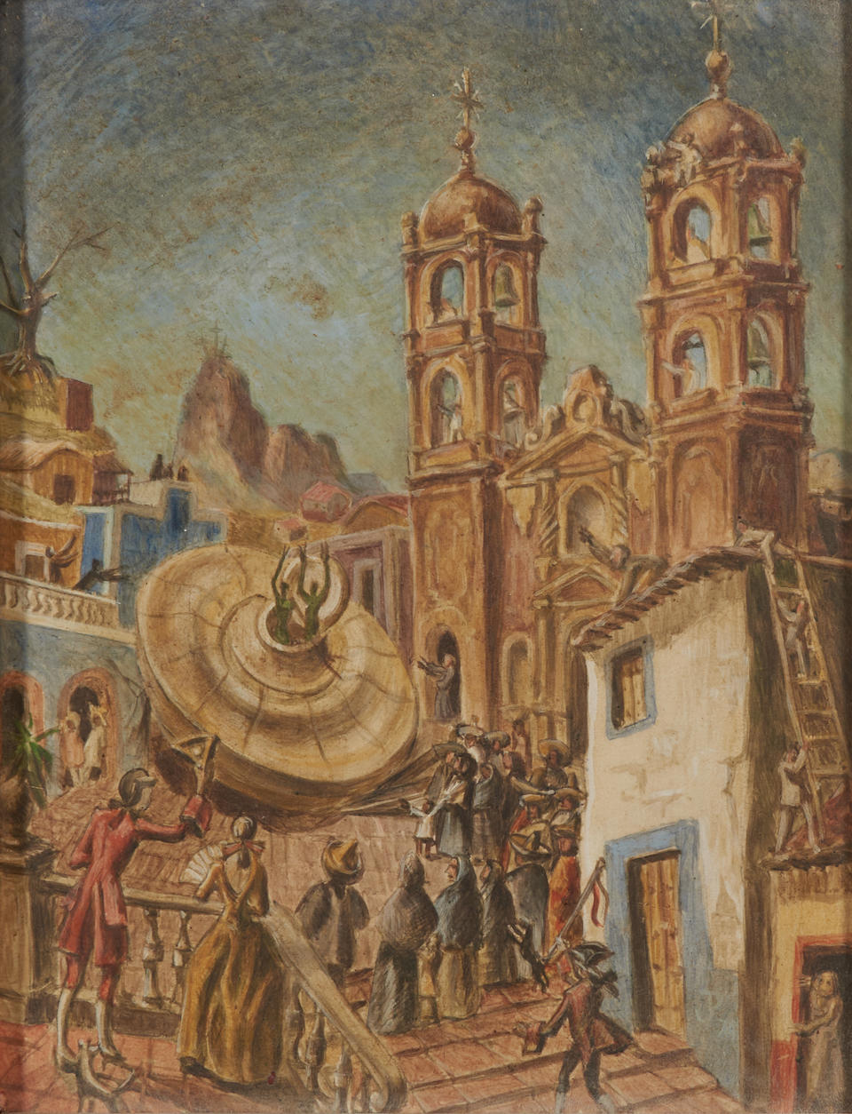 Julio Prieto Nespereira (Spanish, 1896-1991) Surrealist Colonial Scene 13 x 10 in. - Image 2 of 3
