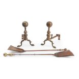 Pair of Brass Ball-top Andirons and Two Shovels