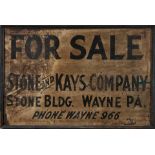 Painted Metal 'For Sale' Sign, Stone and Kays Co., Wayne, Pennsylvania, c. 1925.