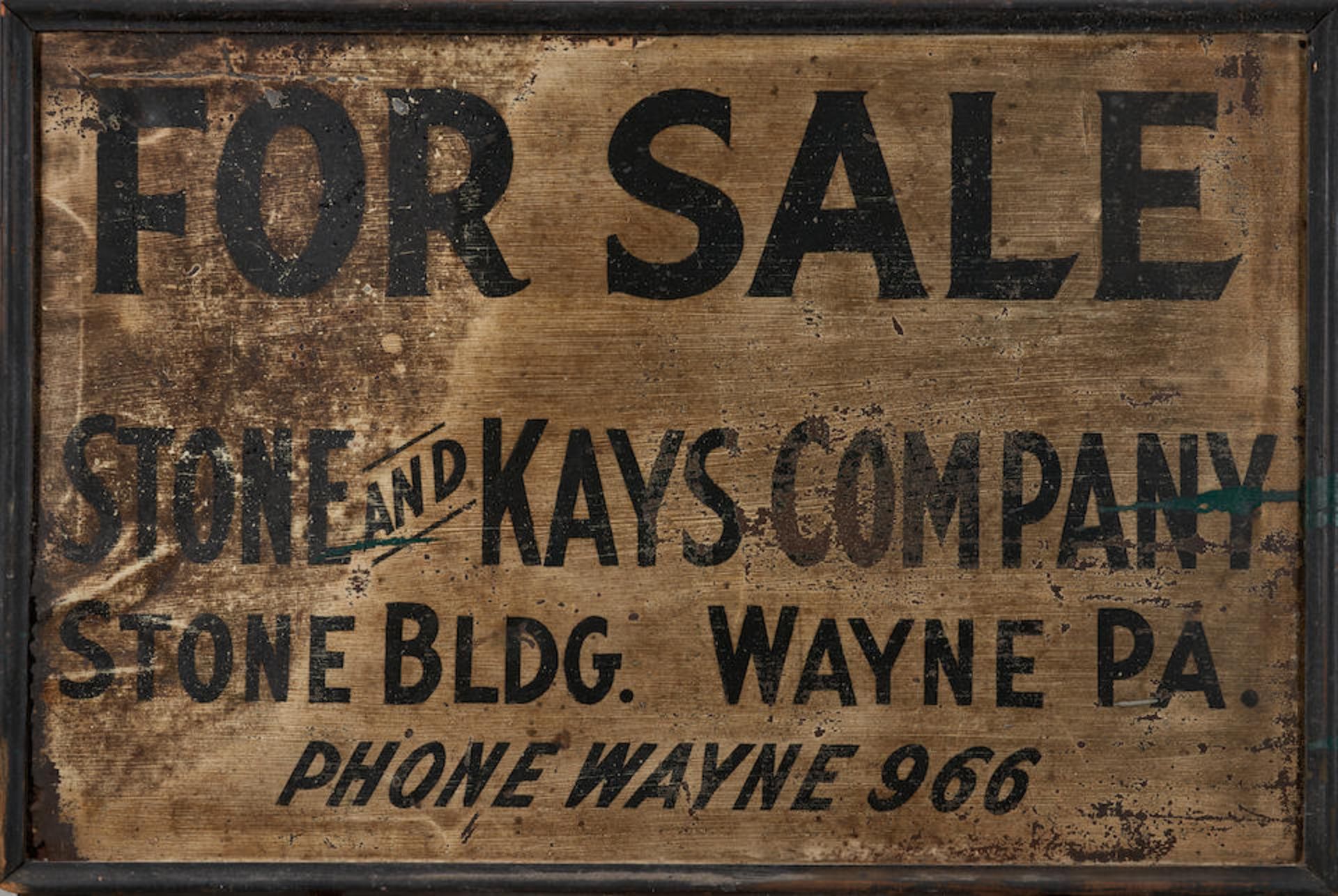 Painted Metal 'For Sale' Sign, Stone and Kays Co., Wayne, Pennsylvania, c. 1925.