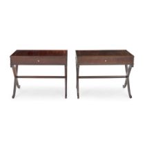 PAIR OF CONTEMPORARY BAKER FURNITURE WALNUT CROSS STRETCHER TABLES