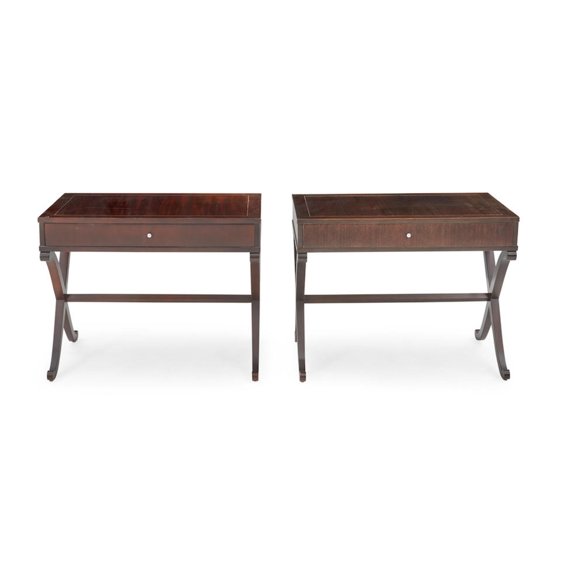 PAIR OF CONTEMPORARY BAKER FURNITURE WALNUT CROSS STRETCHER TABLES