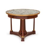 Empire Ormolu Mounted Mahogany Veneer and Saint Jean Fleuri Marble-top Center Table, France, c. ...