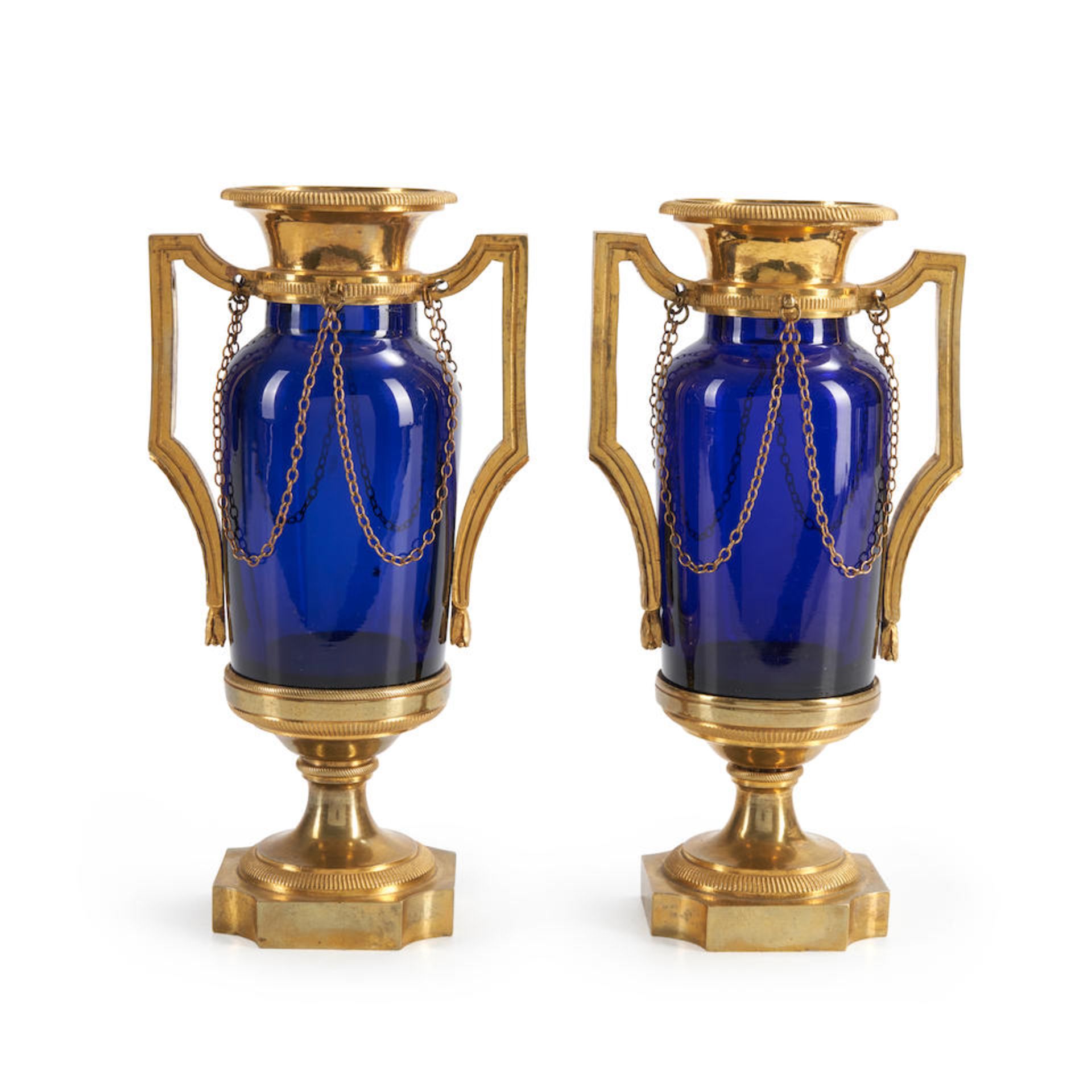 Pair of Louis XVI Ormolu Mounted Cobalt Glass Vases, France, late 18th century.