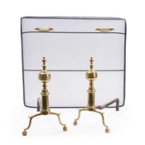 Pair of Federal Ball-top Brass Andirons and a Later Wire Mesh Fire Screen, possibly New York, c....