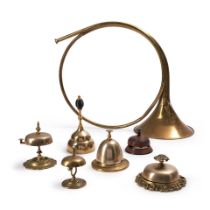 Collection of Brass Bells and a Hunting Horn, Europe and America, 19th/20th century.