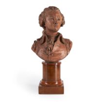 Terracotta Bust of an Aristocrat on Fruitwood Base, France, late 18th century.