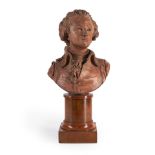 Terracotta Bust of an Aristocrat on Fruitwood Base, France, late 18th century.