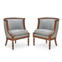 Pair of Directoire Upholstered Mahogany Veneer Chauffeuses, attributed to Jacob-Desmalter (1803-...