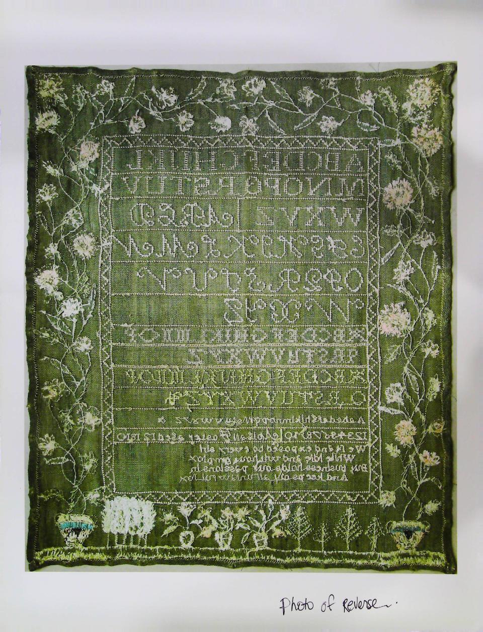 Silk on Green Linsey-Woolsey Needlepoint Sampler, Abigail (Foster) Barker (1798-1877), Andover, ... - Image 2 of 4