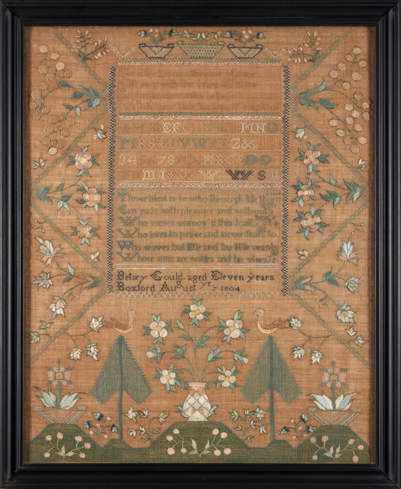 Silk on Linen Needlepoint Sampler, Betsey (Gould) Killam (1793-1827), Boxford, Massachusetts, 1804.