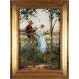 DAVID BIRDSEY WALKLEY (American, 1849-1934) Visit at the Fence framed 89.0 x 66.5 x 5.0 cm (35 x...