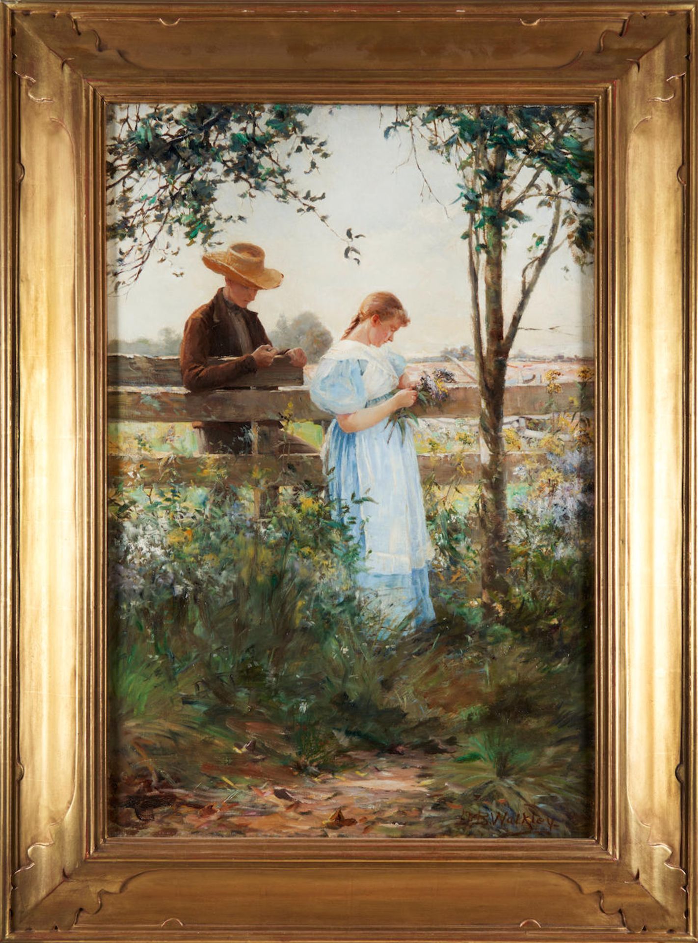 DAVID BIRDSEY WALKLEY (American, 1849-1934) Visit at the Fence framed 89.0 x 66.5 x 5.0 cm (35 x...