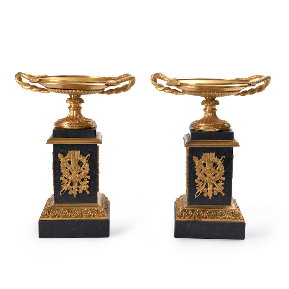 Pair of Empire Ormolu Mounted Marble Tazza, France, early 19th century.