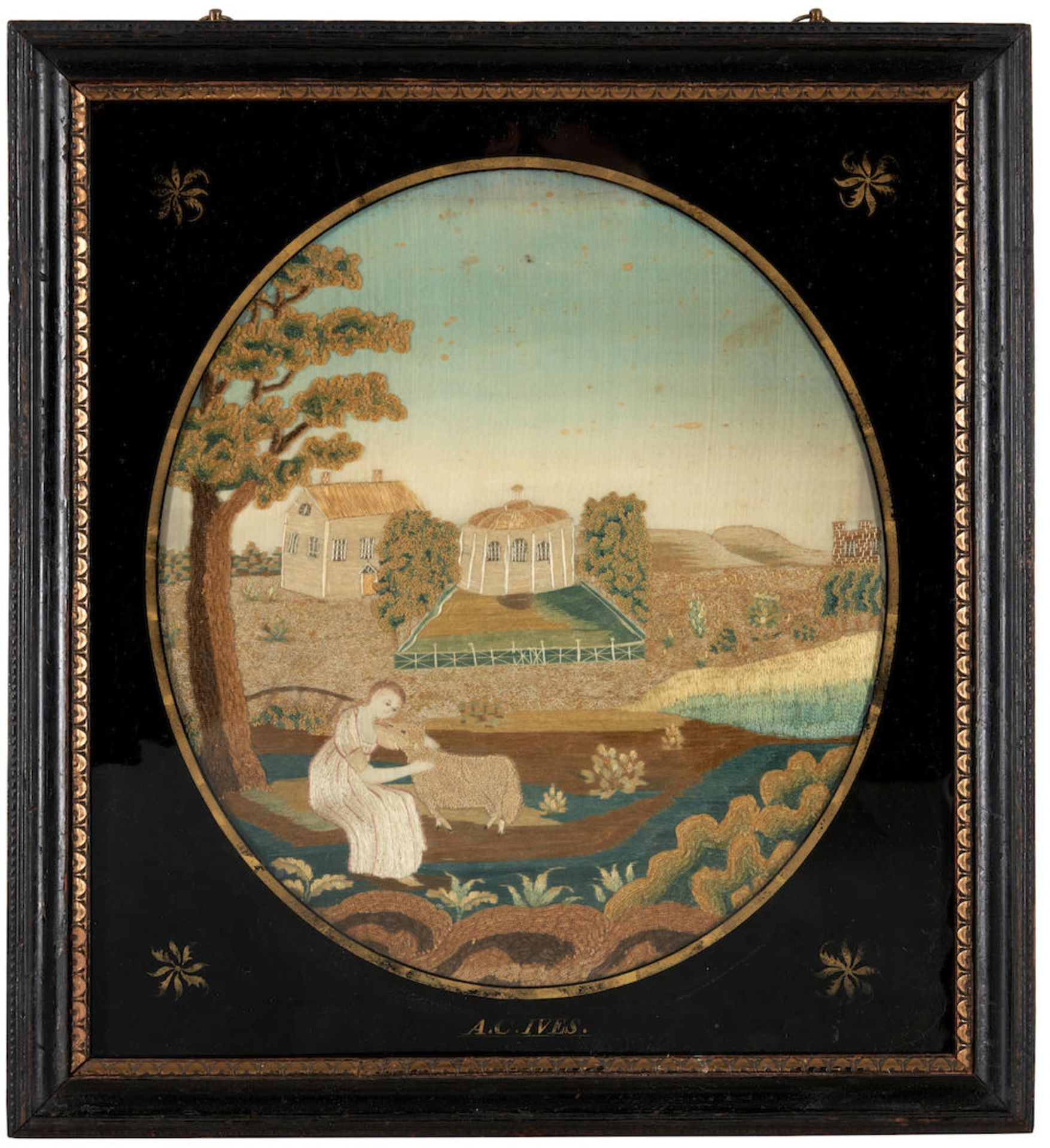Watercolor and Silk Embroidery Picture, possibly Alma Cornelia Ives (1793-1856), Miss Royse's Sc...