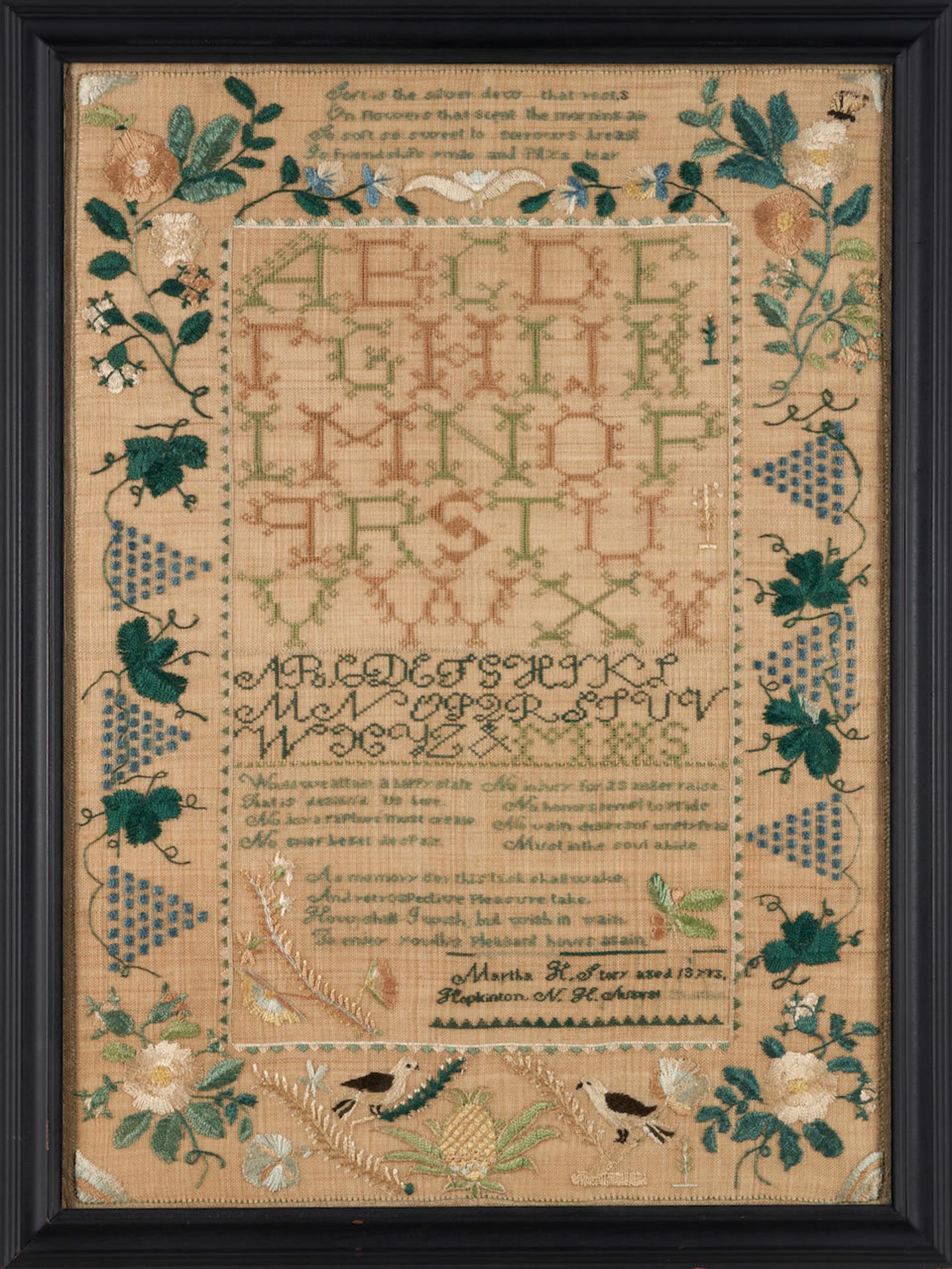 Exceptional Silk on Linen Needlepoint Sampler, Martha Hall Story (1813-44), Hopkinton, New Hamps...