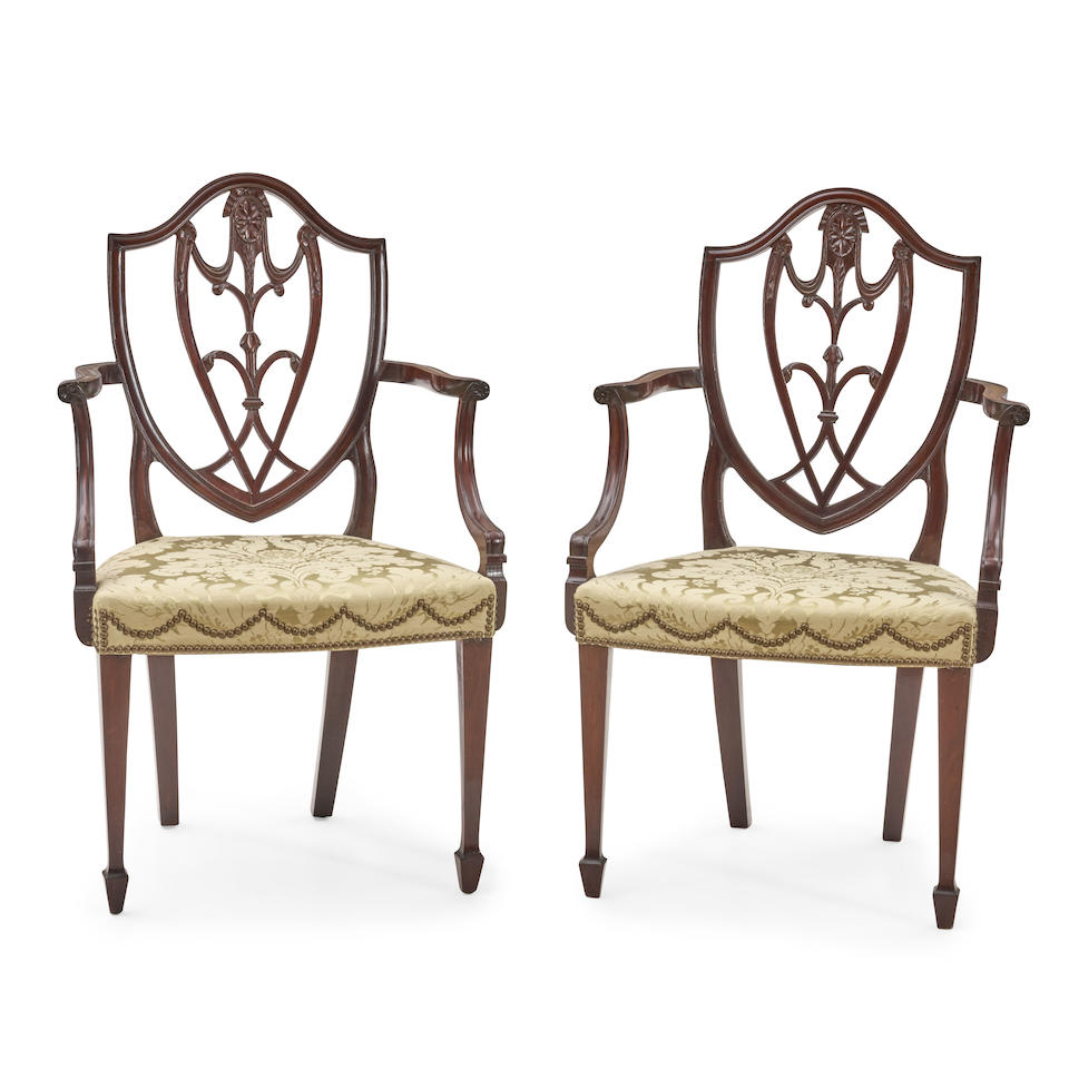 Pair of Federal Mahogany Shield-back Armchairs, probably New York, New York, c. 1790.