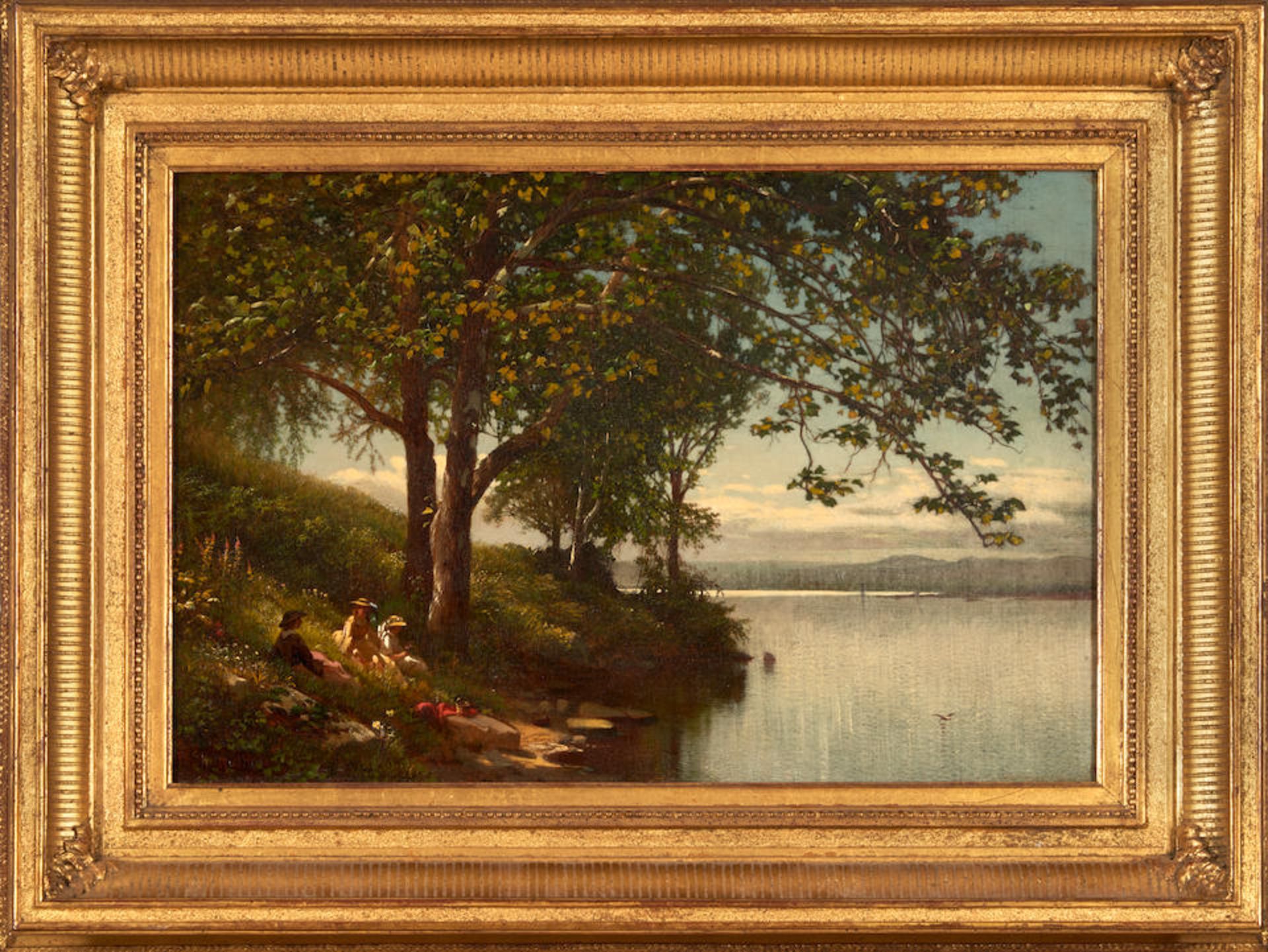 AARON DRAPER SHATTUCK (American, 1832-1928) Picnic Along the River's Edge framed 46.0 x 61.5 x 6...