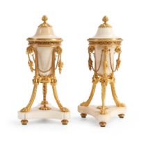 Pair of Louis XVI Ormolu Mounted White Marble Cassolettes, France, circa 1785.