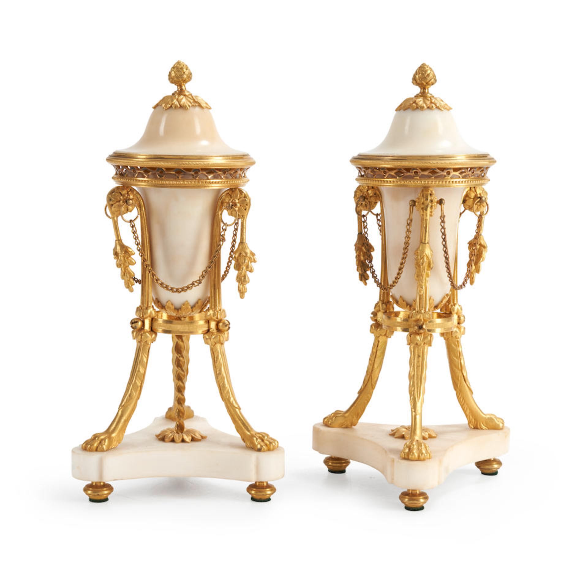 Pair of Louis XVI Ormolu Mounted White Marble Cassolettes, France, circa 1785.