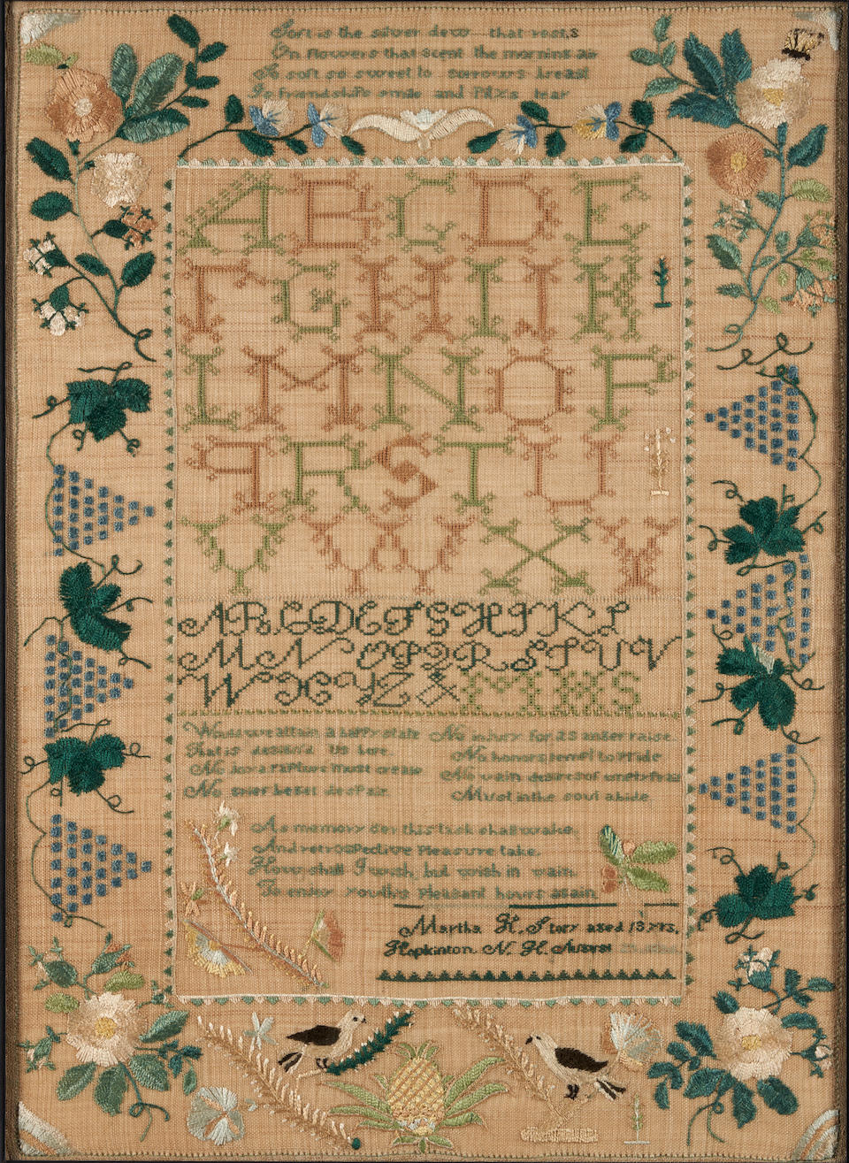 Exceptional Silk on Linen Needlepoint Sampler, Martha Hall Story (1813-44), Hopkinton, New Hamps... - Image 4 of 4