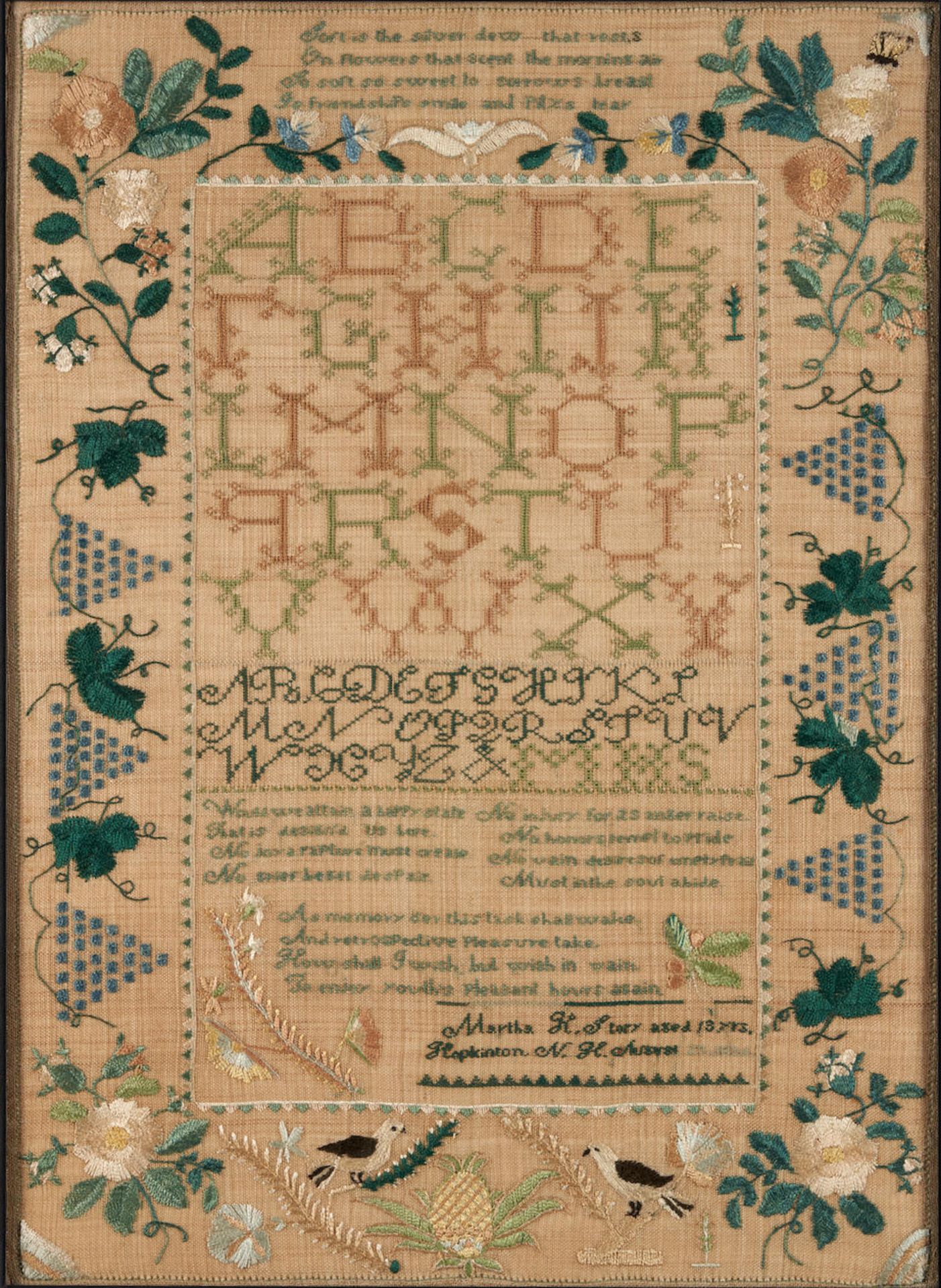 Exceptional Silk on Linen Needlepoint Sampler, Martha Hall Story (1813-44), Hopkinton, New Hamps... - Image 4 of 4