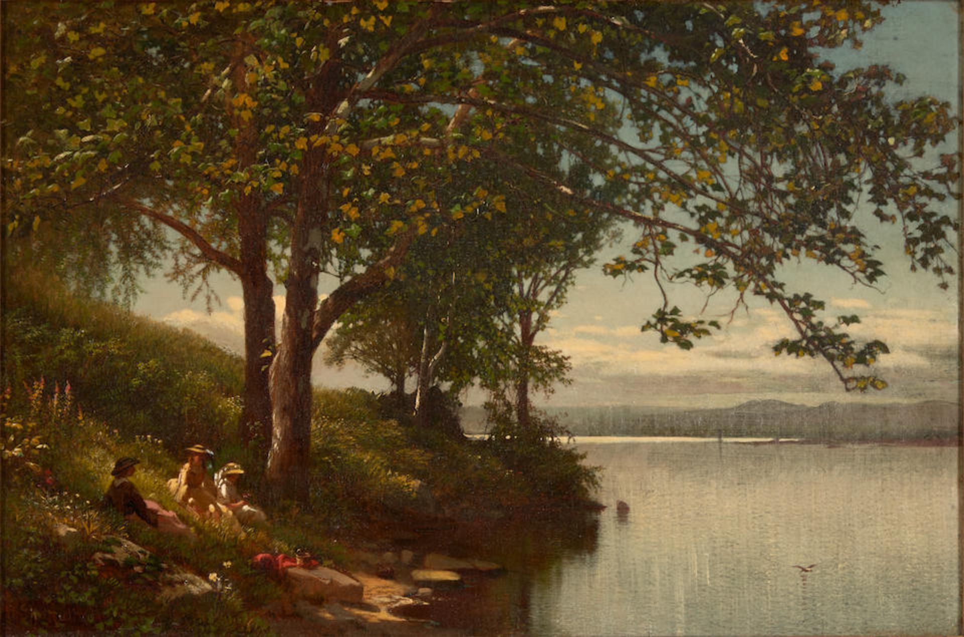 AARON DRAPER SHATTUCK (American, 1832-1928) Picnic Along the River's Edge framed 46.0 x 61.5 x 6... - Image 3 of 3