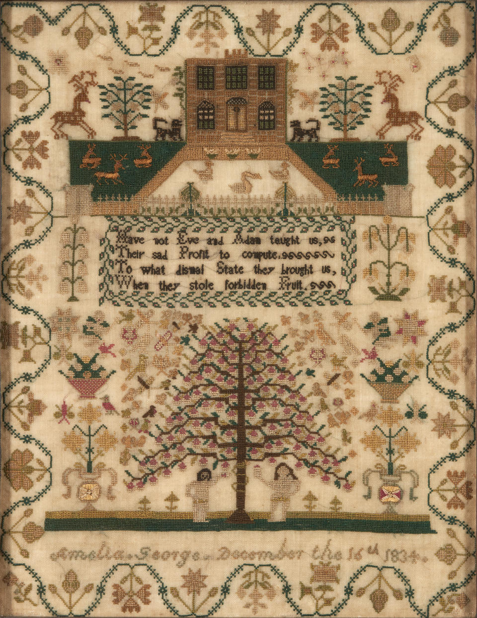 Garden of Eden Needlepoint Sampler, Amelia George, Cornwall, England, 1834. - Image 3 of 3