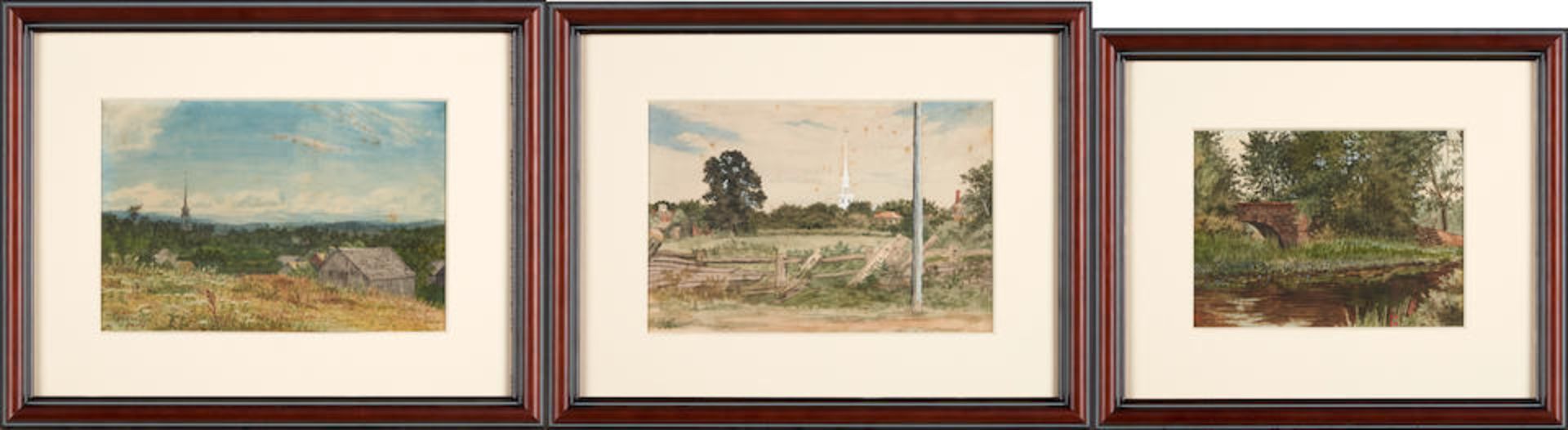 American School (20th Century) A Set of Three Connecticut Landscapes of Farmlands, a Country Bri...