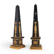 Pair of Empire-style Patinated Bronze and Black Granite Obelisks, France, 20th century.