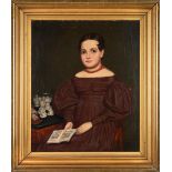 American School (19th Century) Portrait of a Girl in a Brown Dress with Open School Primer, Doll...