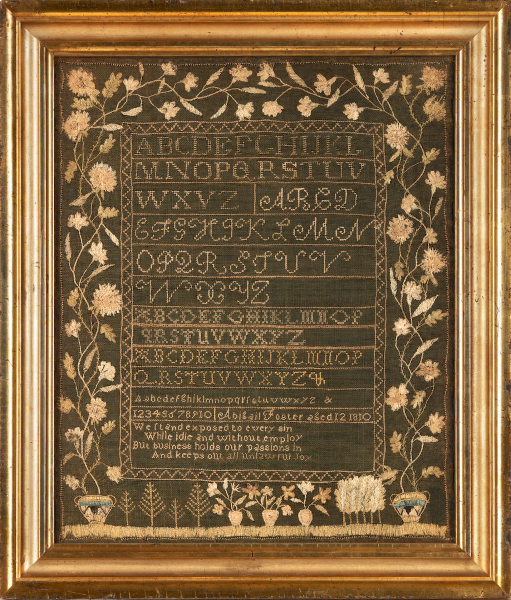 Silk on Green Linsey-Woolsey Needlepoint Sampler, Abigail (Foster) Barker (1798-1877), Andover, ...