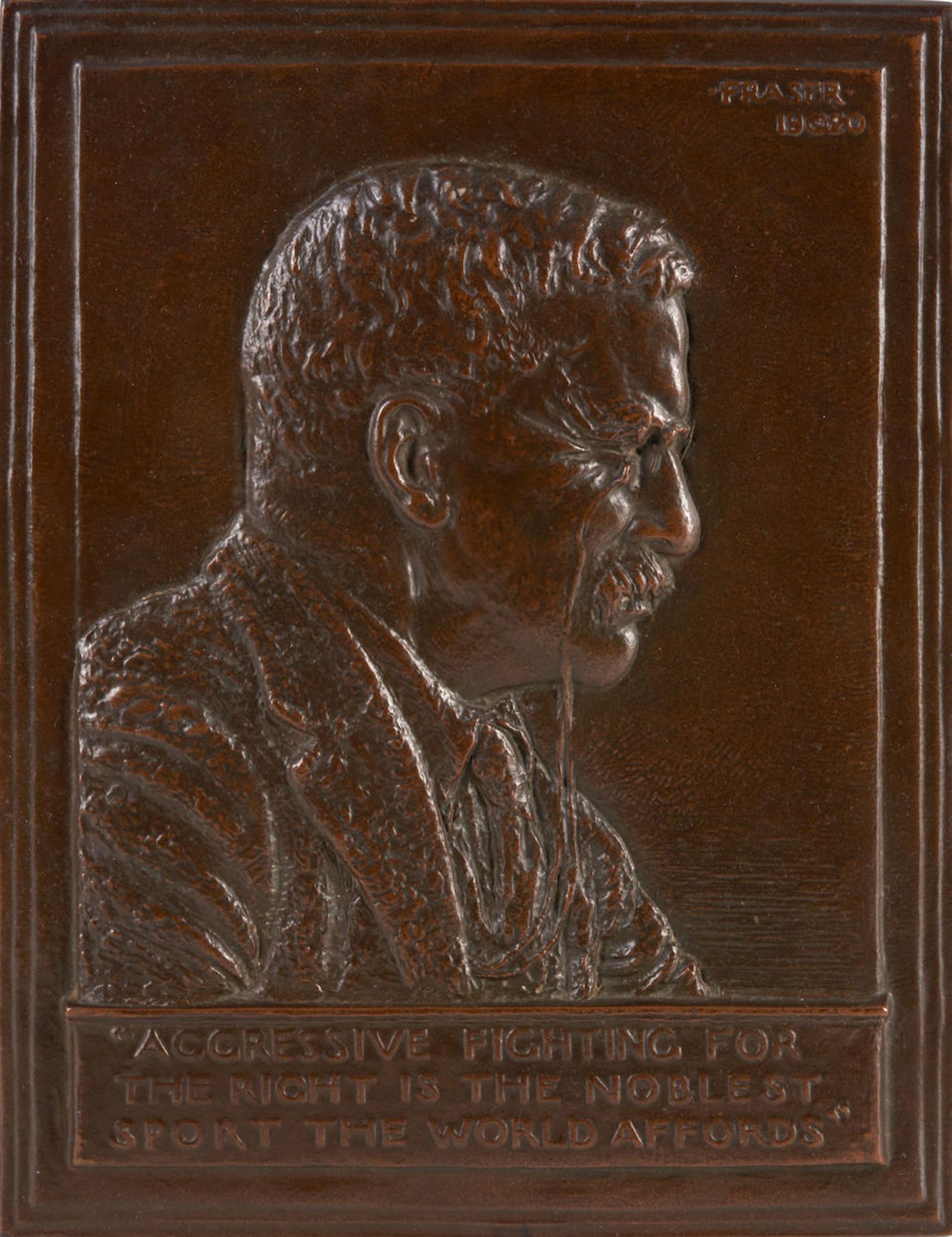 Patinated Cast Iron 'Roosevelt Bas Relief' Portrait Plaque, after James Earle Fraser (1876-1953...