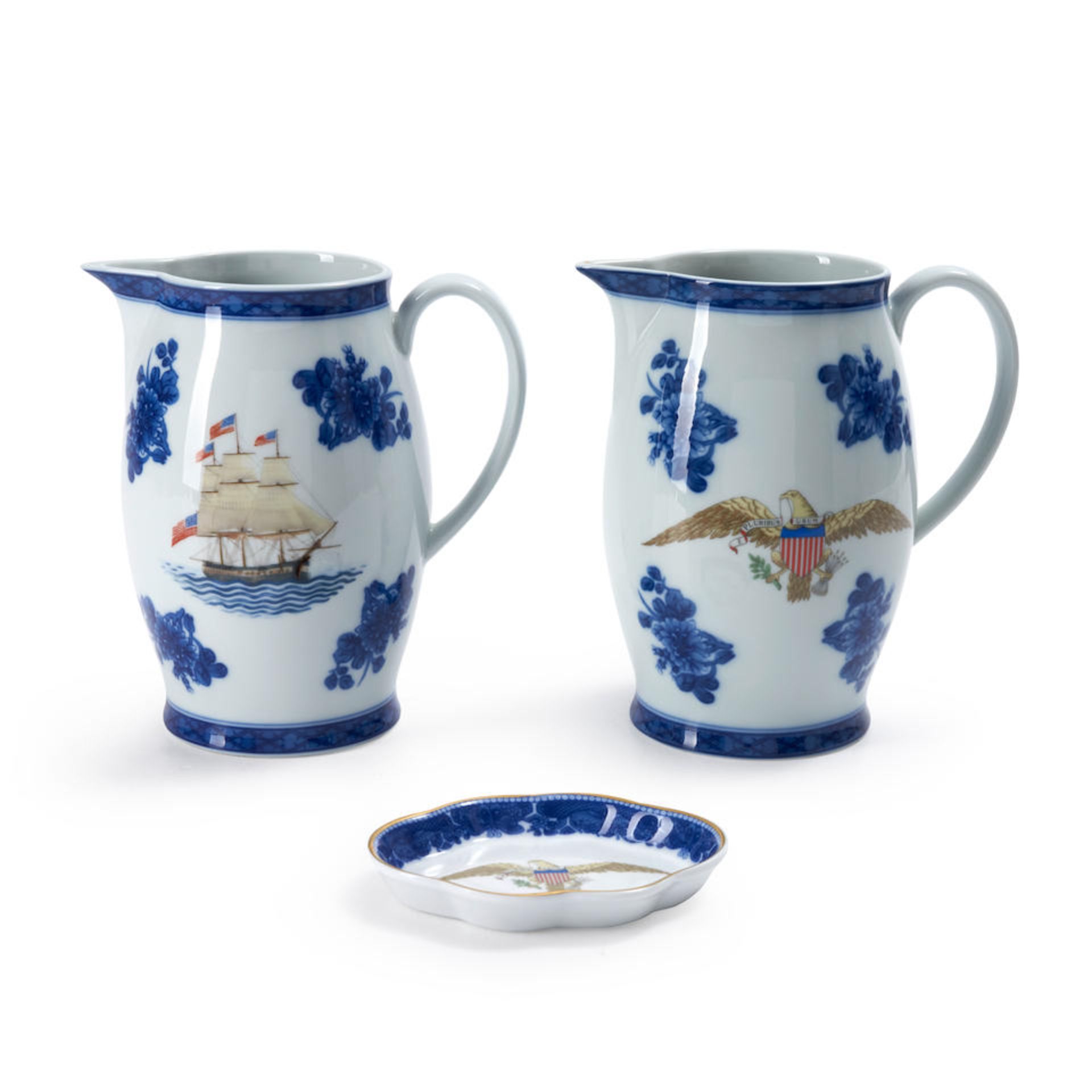 Two Chinese Export-style Porcelain Pitchers and a Small Tray, Mottahedeh Vista Alegre, Portugal,...