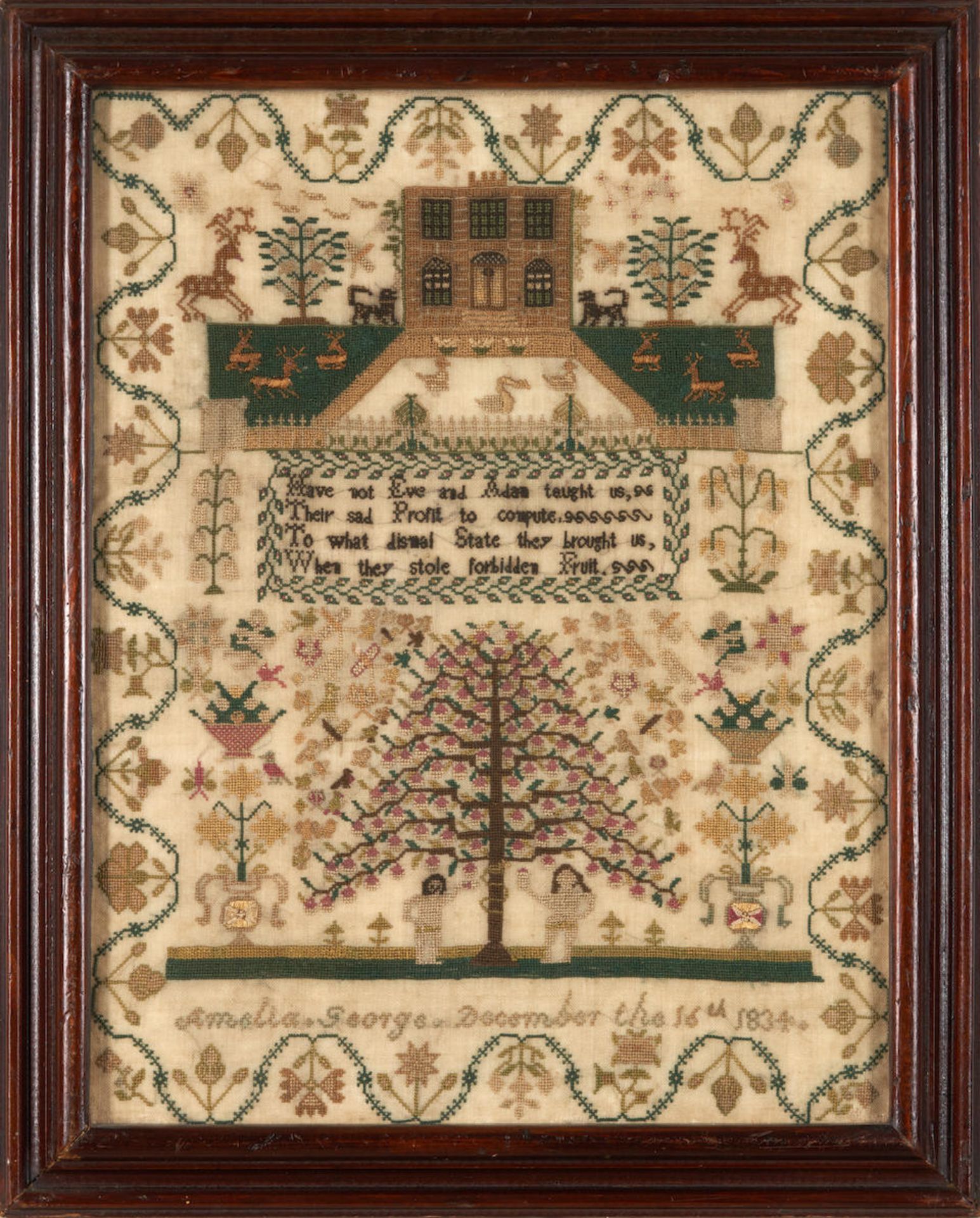 Garden of Eden Needlepoint Sampler, Amelia George, Cornwall, England, 1834.