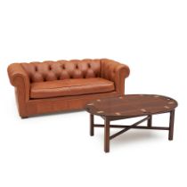 Tufted Leather Chesterfield-style Sofa and Chippendale-style Mahogany Tray Table, Baker Furnitur...