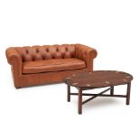 Tufted Leather Chesterfield-style Sofa and Chippendale-style Mahogany Tray Table, Baker Furnitur...